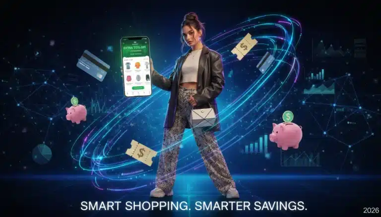 Young woman saving 15% on Shein order with smartphone