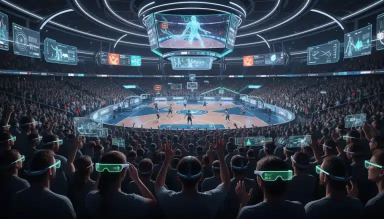 Futuristic sports fans using VR headsets and AR glasses at a stadium in 2026