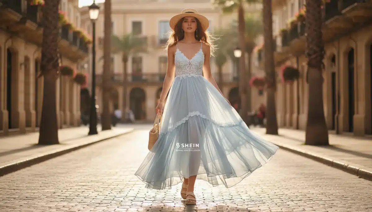 Model wearing a flowy pastel maxi dress from Shein's Spring 2026 collection, embodying effortless spring style.