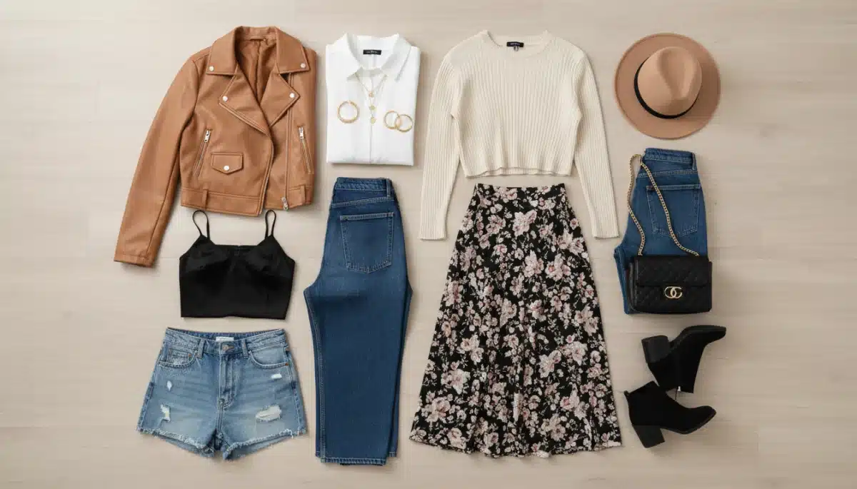 Flat lay of Shein pieces for mixing and matching outfits