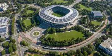 Sustainable stadium with solar panels and green surroundings
