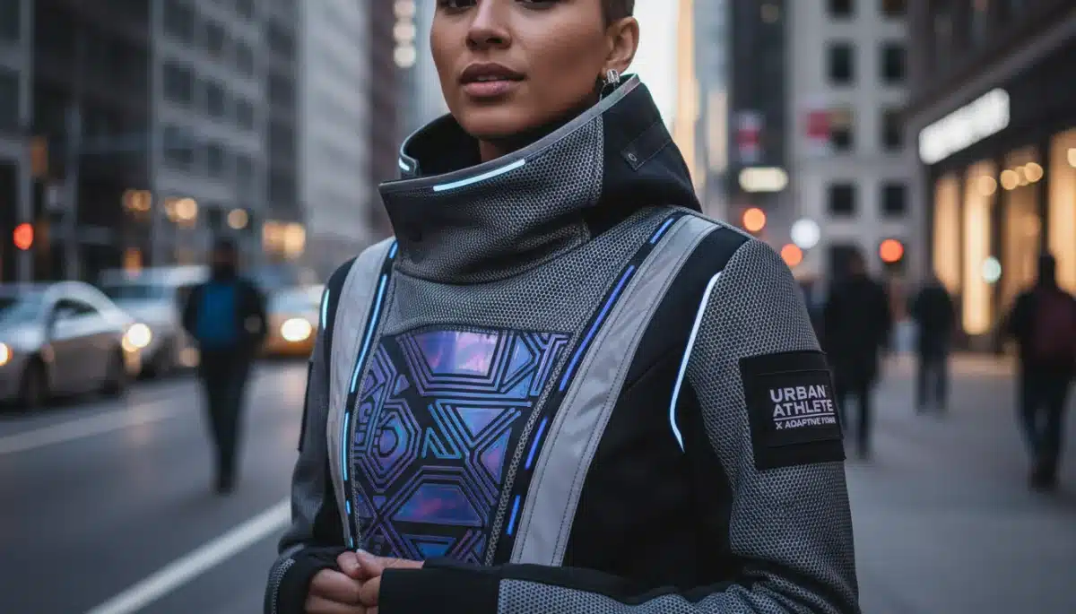 Model wearing a stylish athletic jacket from a new sports fashion collaboration, highlighting urban versatility.