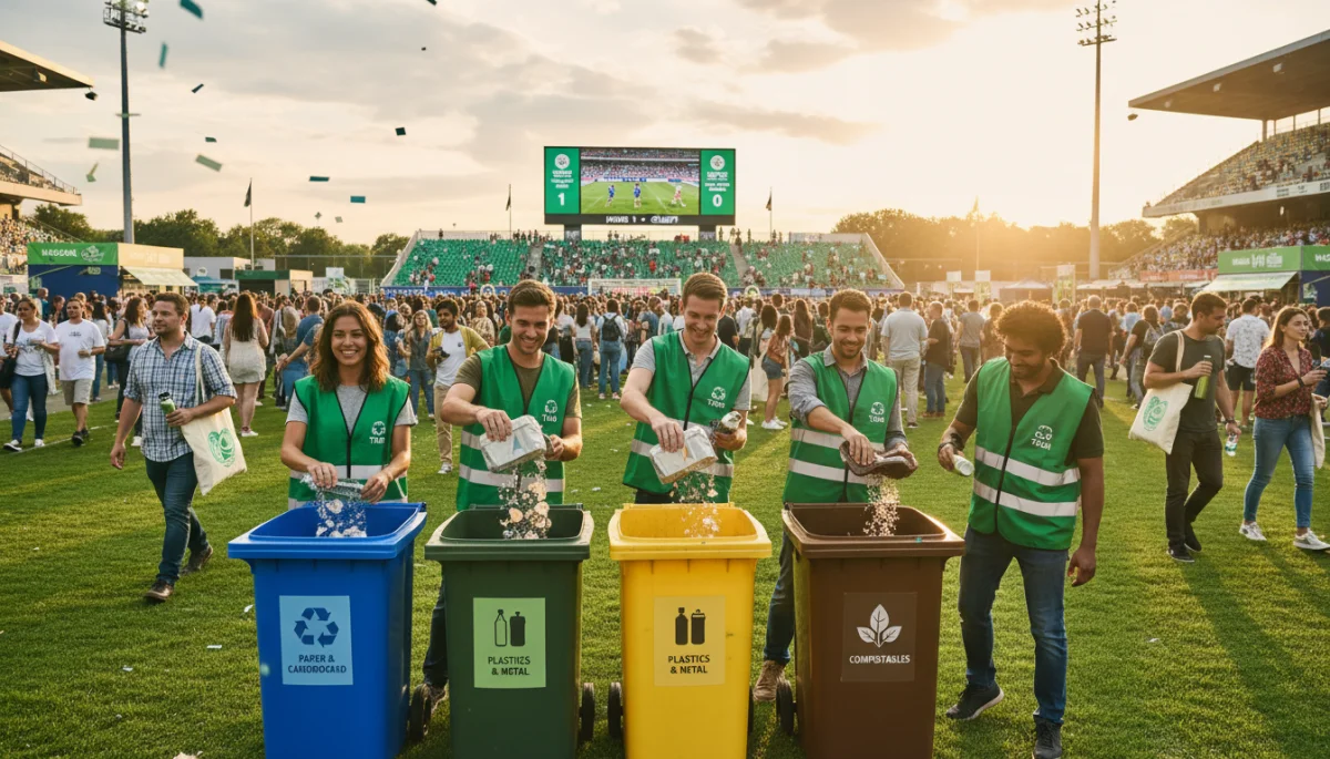 Volunteers sorting recycling at a sports event