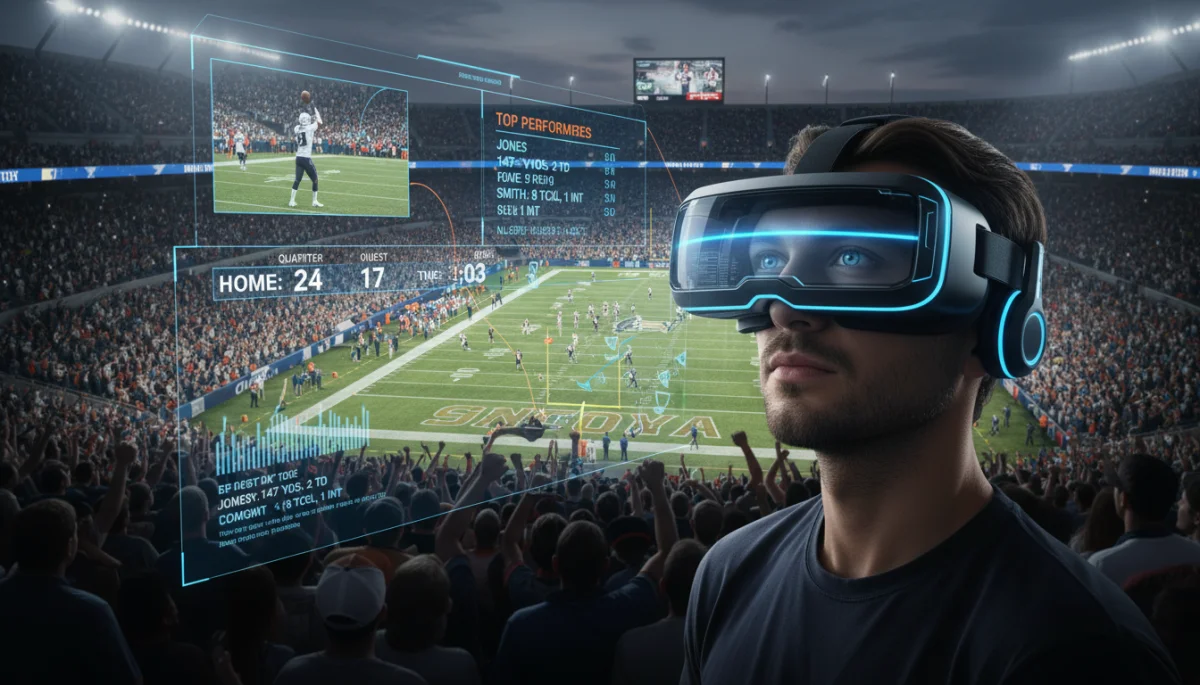 Fan wearing AR headset at a sports event, interacting with augmented reality elements.