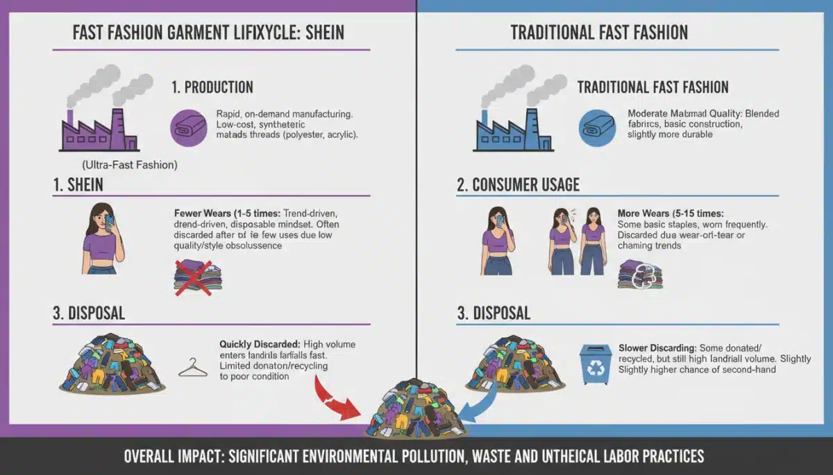 Infographic showing fast fashion garment lifecycle and material differences