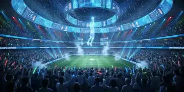 Packed sports stadium with vibrant lights and enthusiastic fans enjoying a live event, symbolizing future attendance growth.