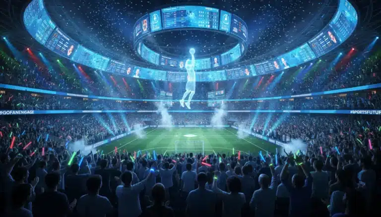 Packed sports stadium with vibrant lights and enthusiastic fans enjoying a live event, symbolizing future attendance growth.