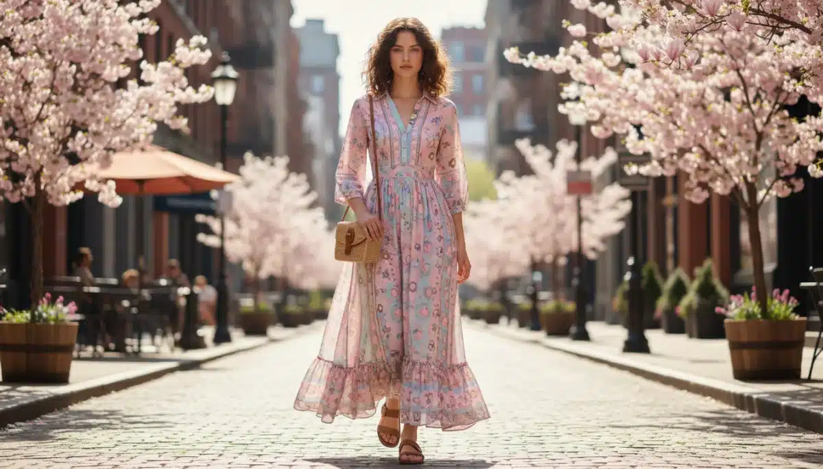 Model wearing Shein pastel maxi dress from 2026 spring collection