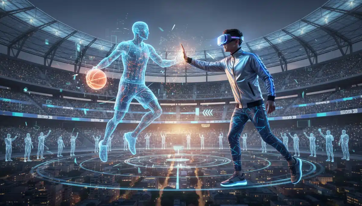 Virtual reality experience enhancing fan engagement at a 2026 sports event.